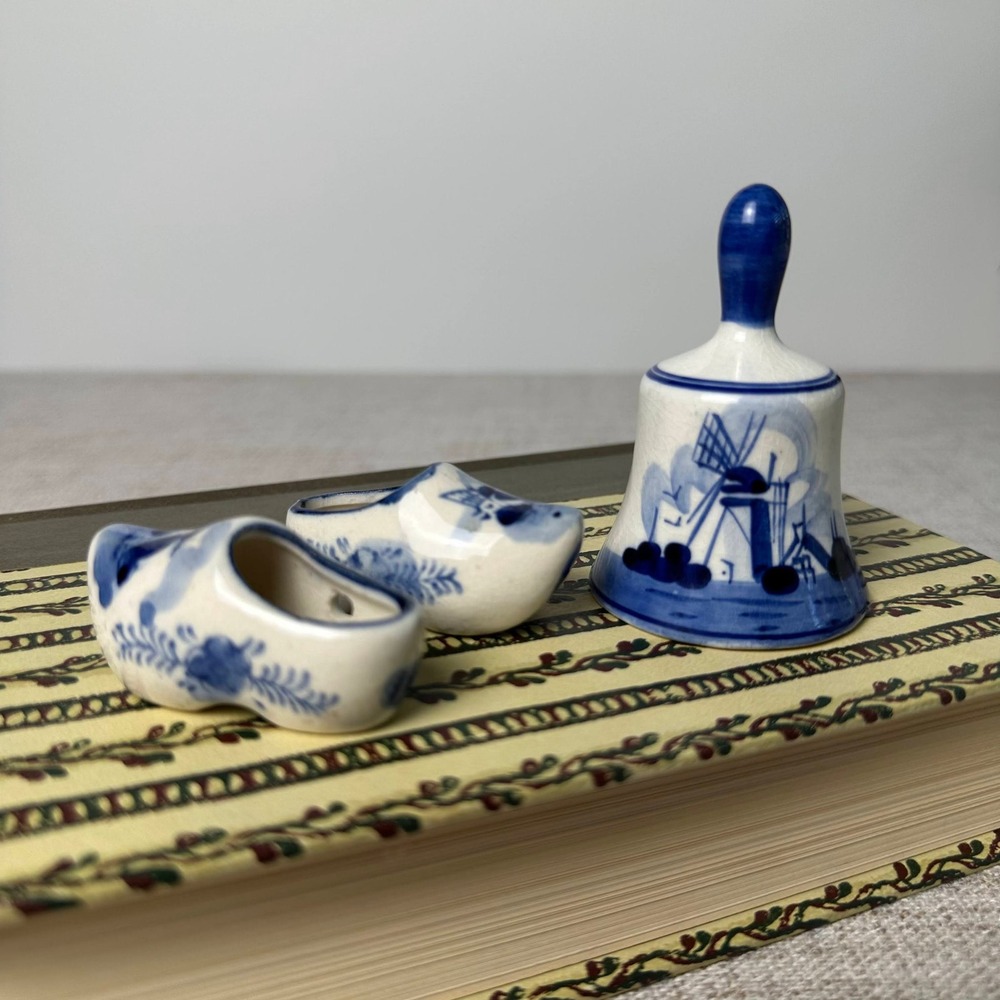 Vintage Delft Blue Bell & Miniature Clogs Hand Painted Dutch Decor Set